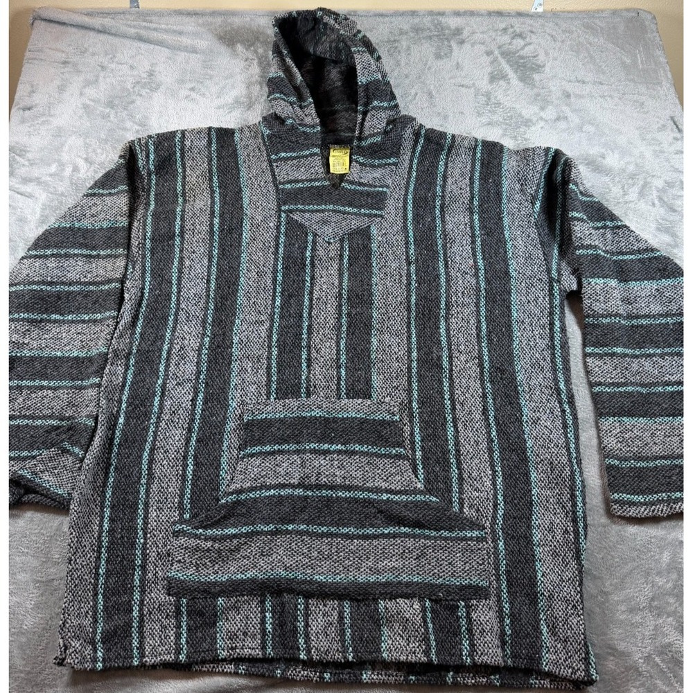 Frank's Baja Hoodie XXXL Gray Black Teal Striped Mexican Poncho Pullover